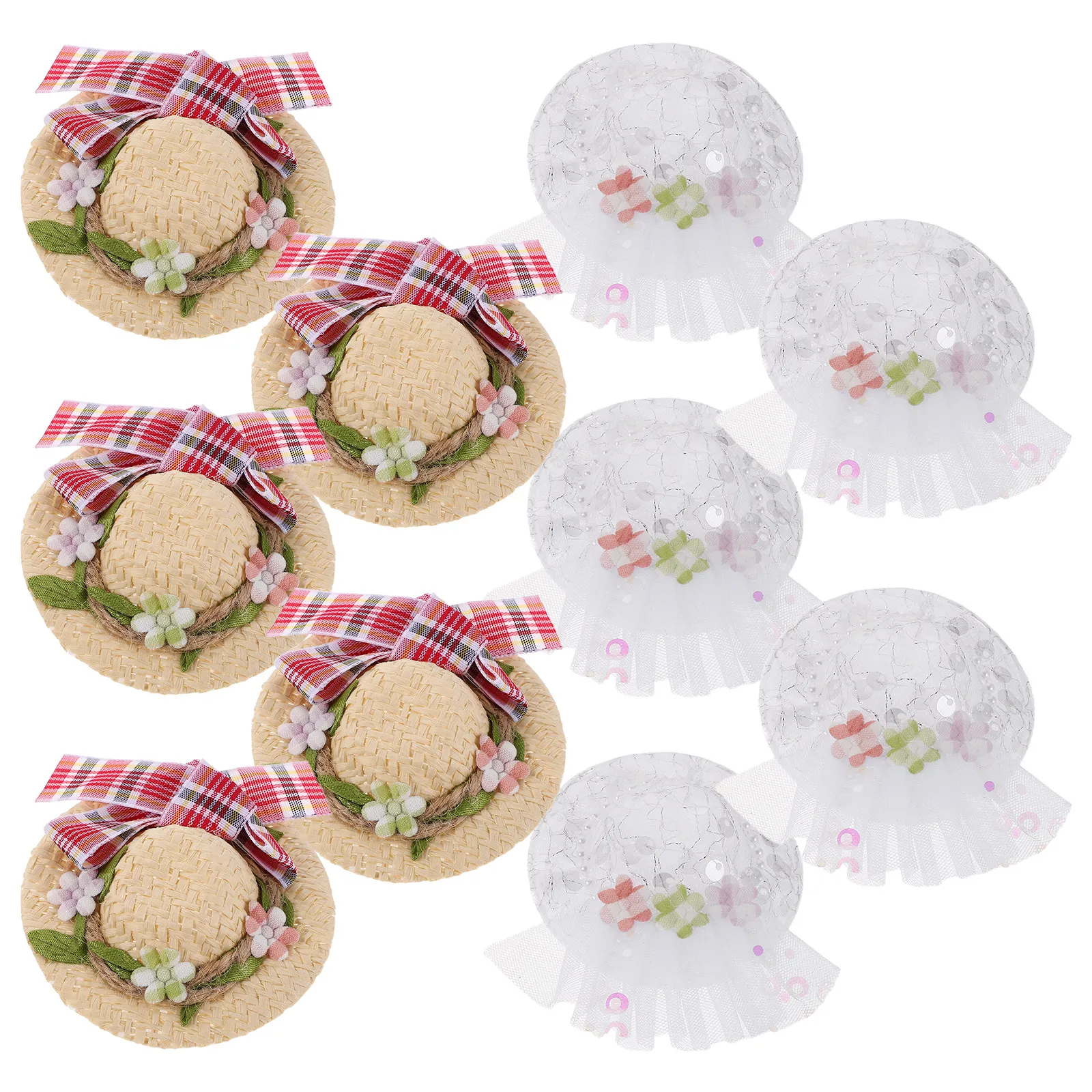 10 Pezzi Mini Cappelli Intrecciati, Piccoli Sombrero con Fiore in Pizzo e Fiocco, Decorazioni per Casa delle Bambole, Cappelli in Miniatura per Feste, Ornamenti Fai-da-Te