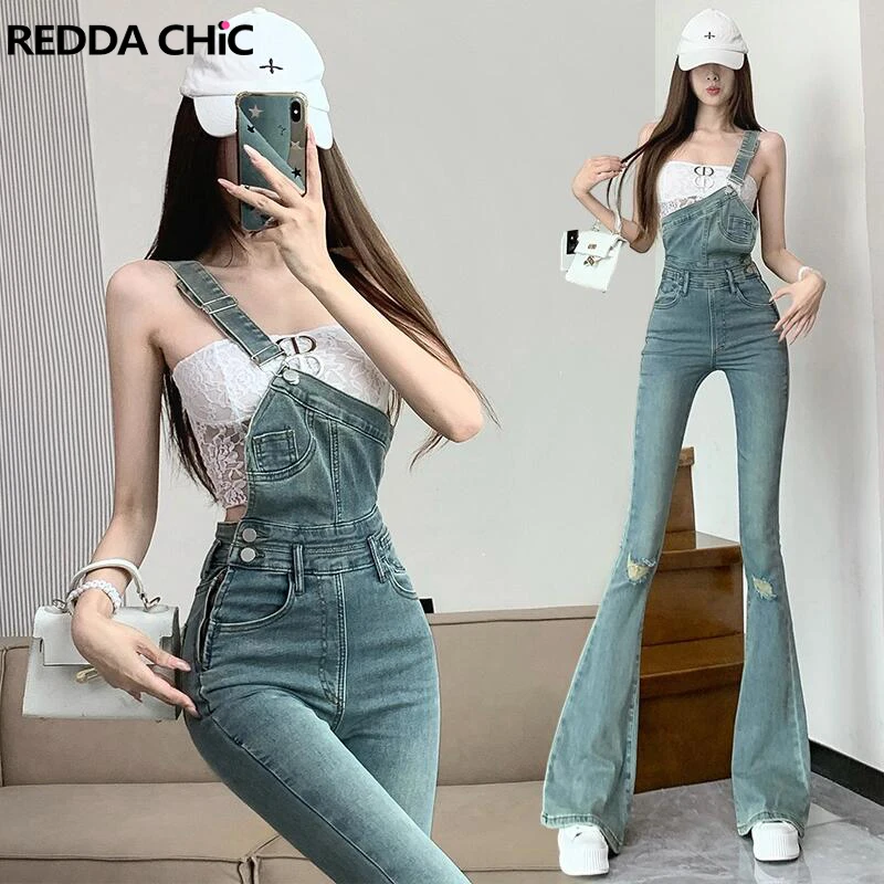 

ReddaChic Women Destroyed Denim Overalls Pants Vintage Wash Asymmetric Slim Stretch One Shoulder Flare Jumpsuit Casual Clothes