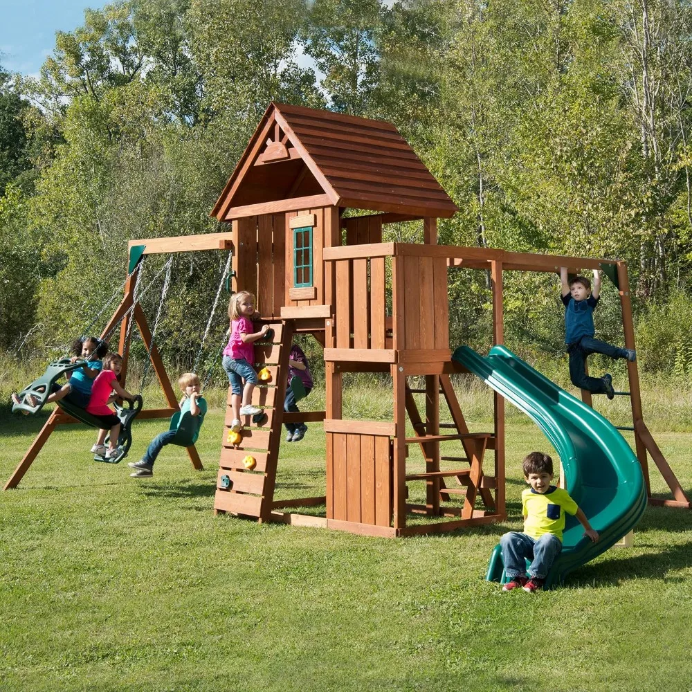 

Playground Wooden Swing Set Play Set with Two Swings, Slide, Monkey Bars, Picnic Table & Glider, Playground Green