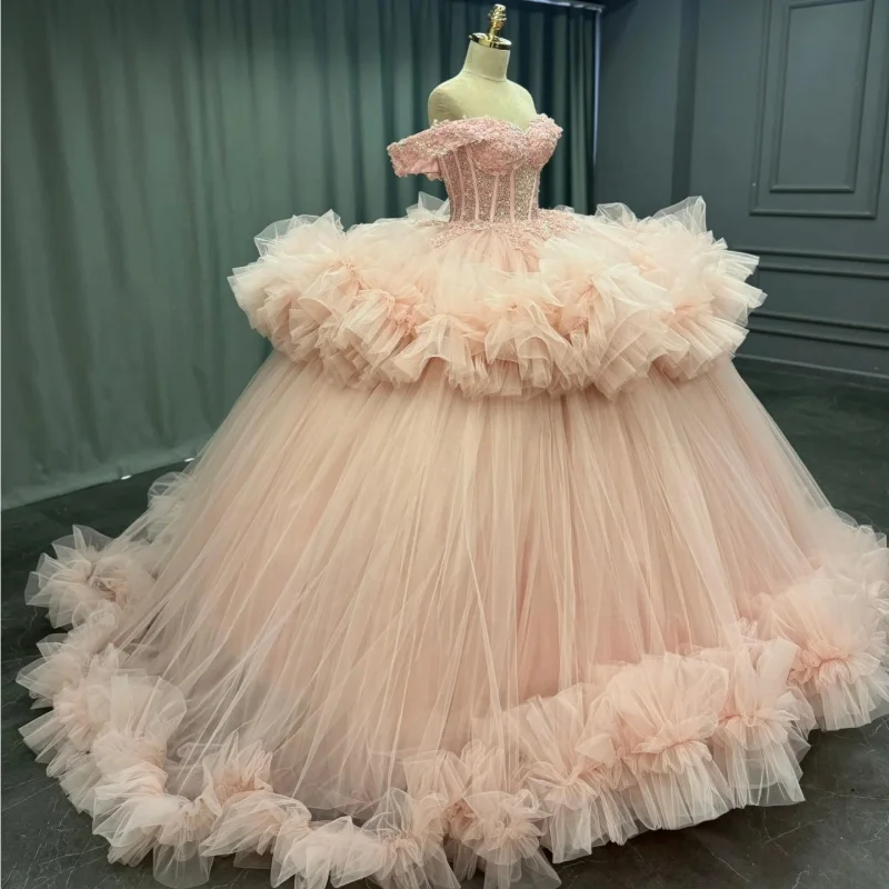 

Customized Pink Quinceanera Dresses Off the Shoulder crystal applique Lace ruffle layering Vestido De 15 Quinceanera