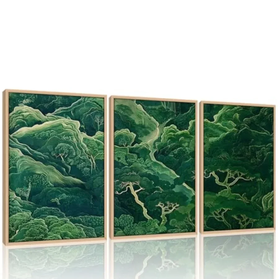 

Framed 3Pcs Sage Green Japanese Forest Wall Art Ukiyoe Nature Mountain Canvas Poster Prints with Wood Frame Minimalist Zen Bota