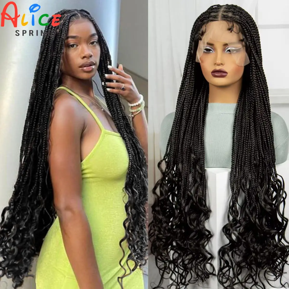 A caixa sem nós trançou perucas para mulheres negras, laço completo, sintético natural, encaracolado, parte dianteira, cabelo do bebê, 36"