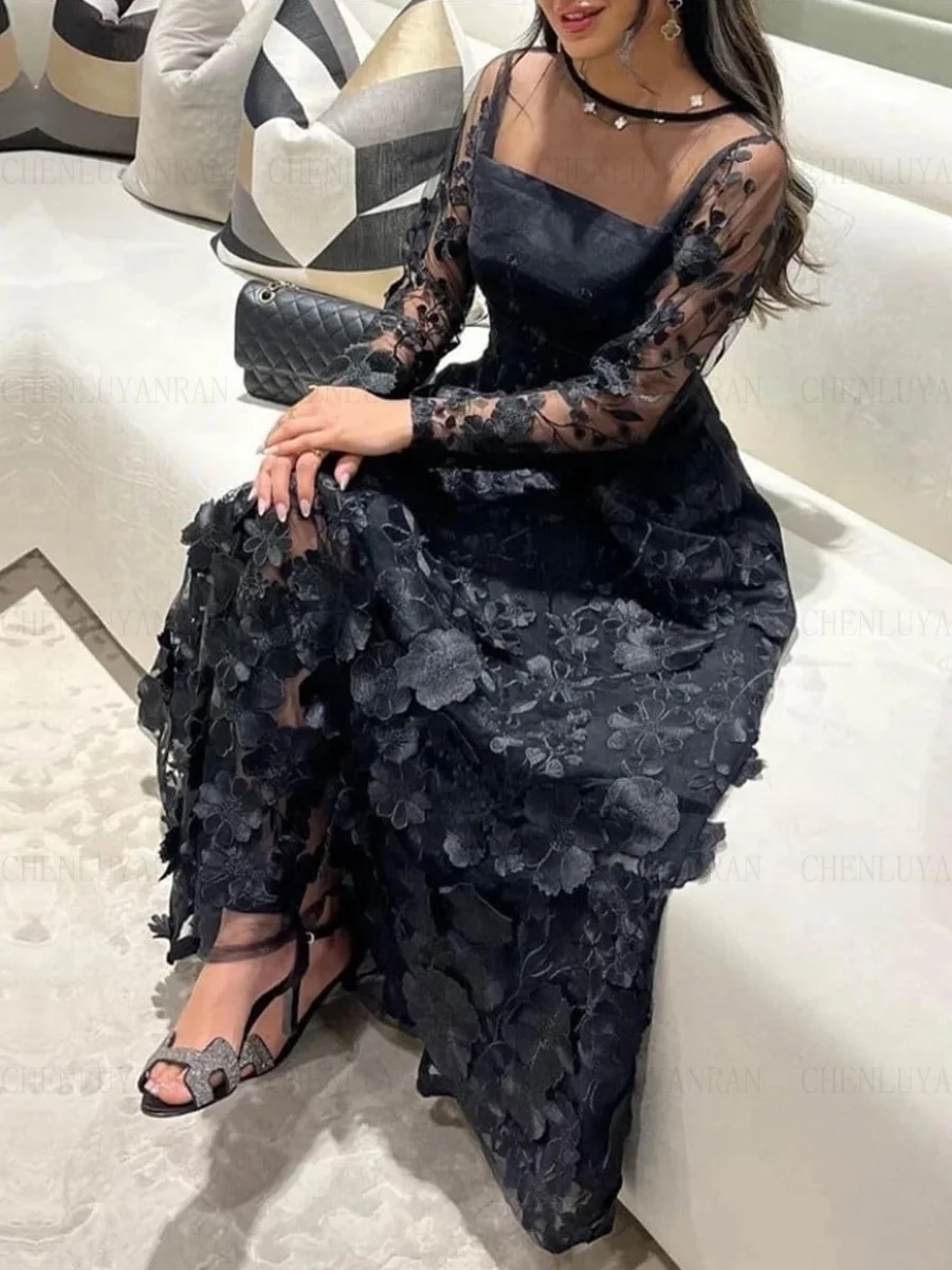 Black Luxury Formal Occasion Dresses 2023 O-Neck Long Sleeves Ball Gowns A-line Sexy Elegant Evening Party Gowns فساتين الحفلات