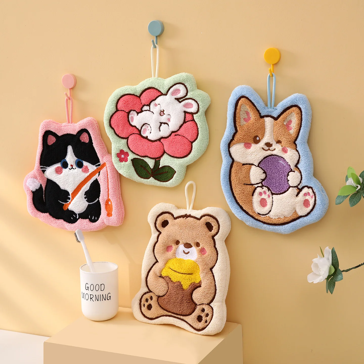 Cute Cartoon Animal Hanging Hand Towel Cat Rabbit Soft Coral Fleece Kitchen Towels Absorbent Cartoon Washcloth Kids Gift
