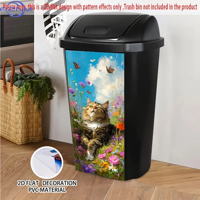 1pc 2D/FLAT Self-Adhesive Dustbin Stickers, .01x cm, Cat Resting in Flower Bush Pattern, Creative Bin Decals for Trash Can, Wa