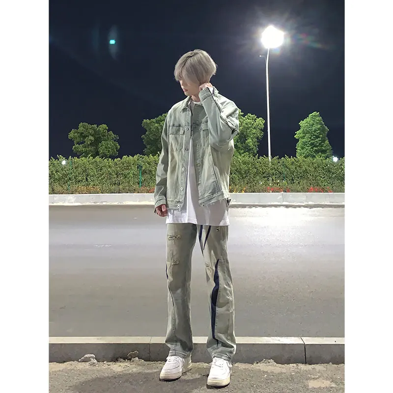 

Мужские джинсы прямого кроя в стиле американского хип-хопа, окрашенные в технике Mud-Dyed, свободные длинные брюки, осенняя модная повседневная молодежная одежда