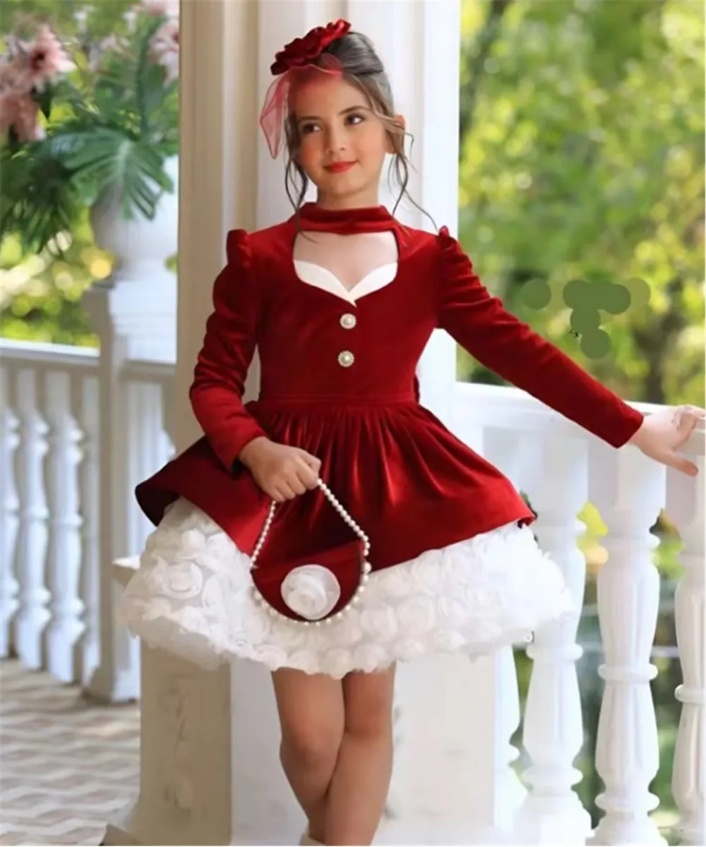 

Vintage Velevt Flower Girl Wedding Dress Long Sleeves Bow Tiered Puff Kids First Communion Birthday Party Gown Customized