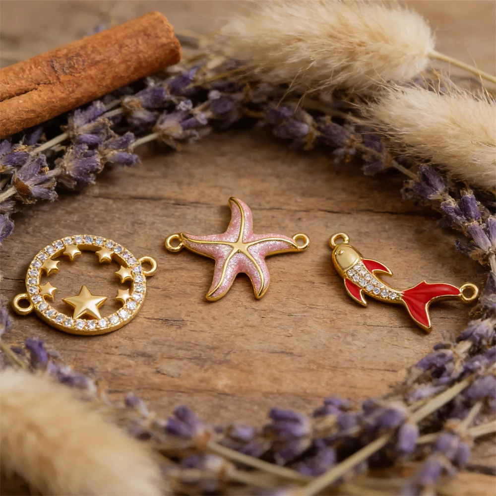 

2Pcs Link Connectors Brass with Cubic Zirconia Enamel Dolphin Star Moon Starfish Shaped Diy Jewelry Charms for Necklace Bracelet