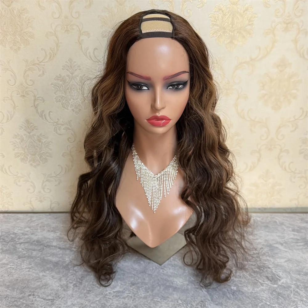 Long Wavy Opening 2x4 U Part Human Hair Wigs for Black Women Glueless Light Cool Brown Caramel Blonde Highlights U Part Wigs