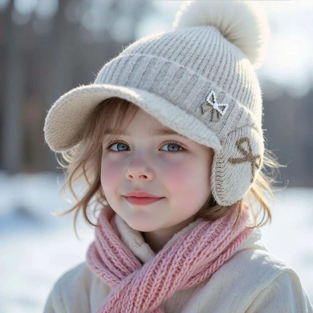 Cozy Thickened Kids Knit Hat Duck Tongue Windproof Earflap Beanie Cap Bow Embroidery Pom Pom Winter Warm Hat Sno