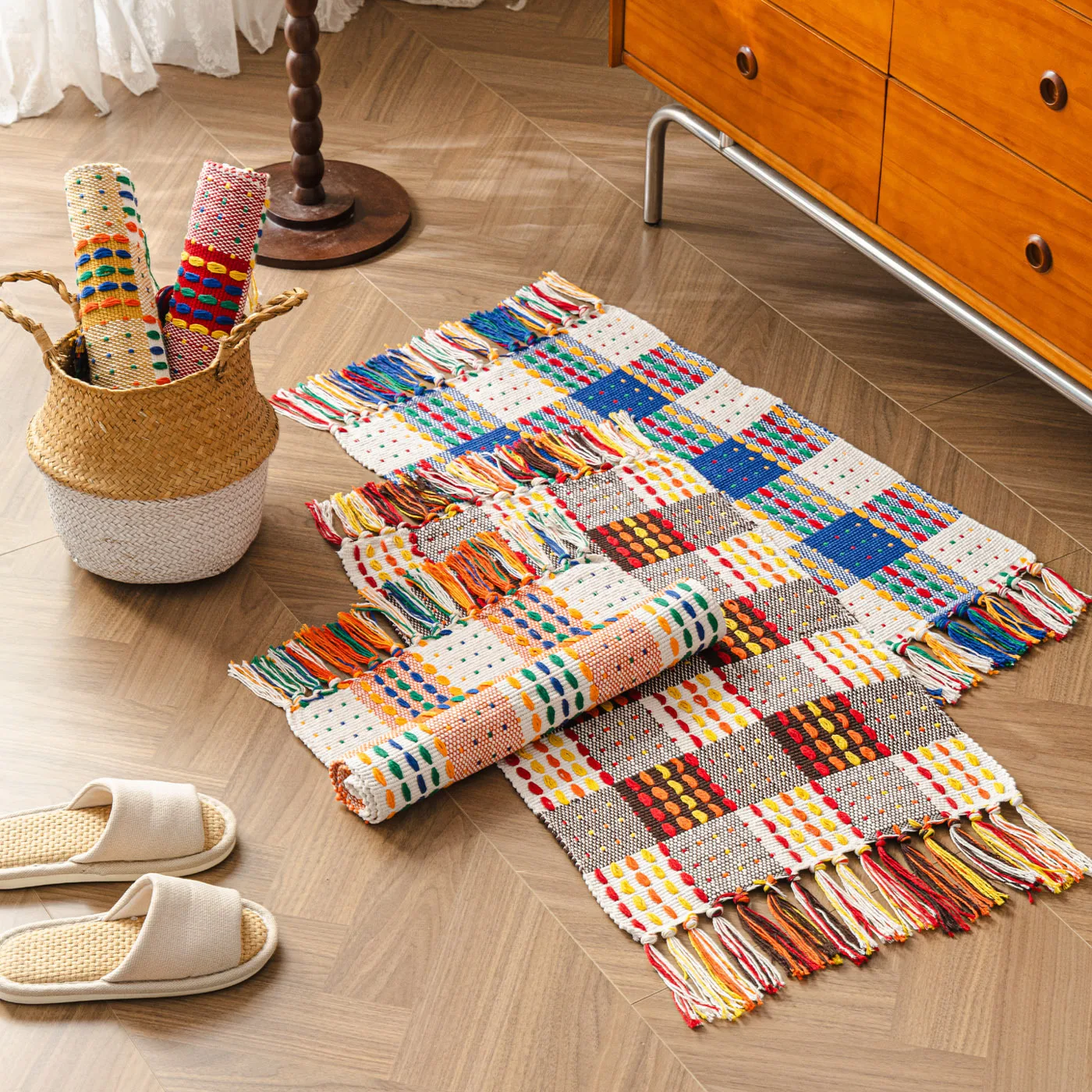 Ethnic style colored floor mat pure cotton hand-woven carpet household floor mat fringed decorative bedside table cover clothl