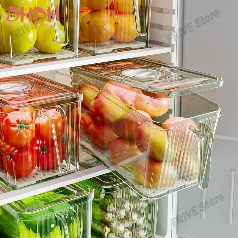 Transparent Refrigerator Organizer Handle Storage Box Food Grade Sealed Stackable Box with Lids Vegetable and Fruit Storage Box