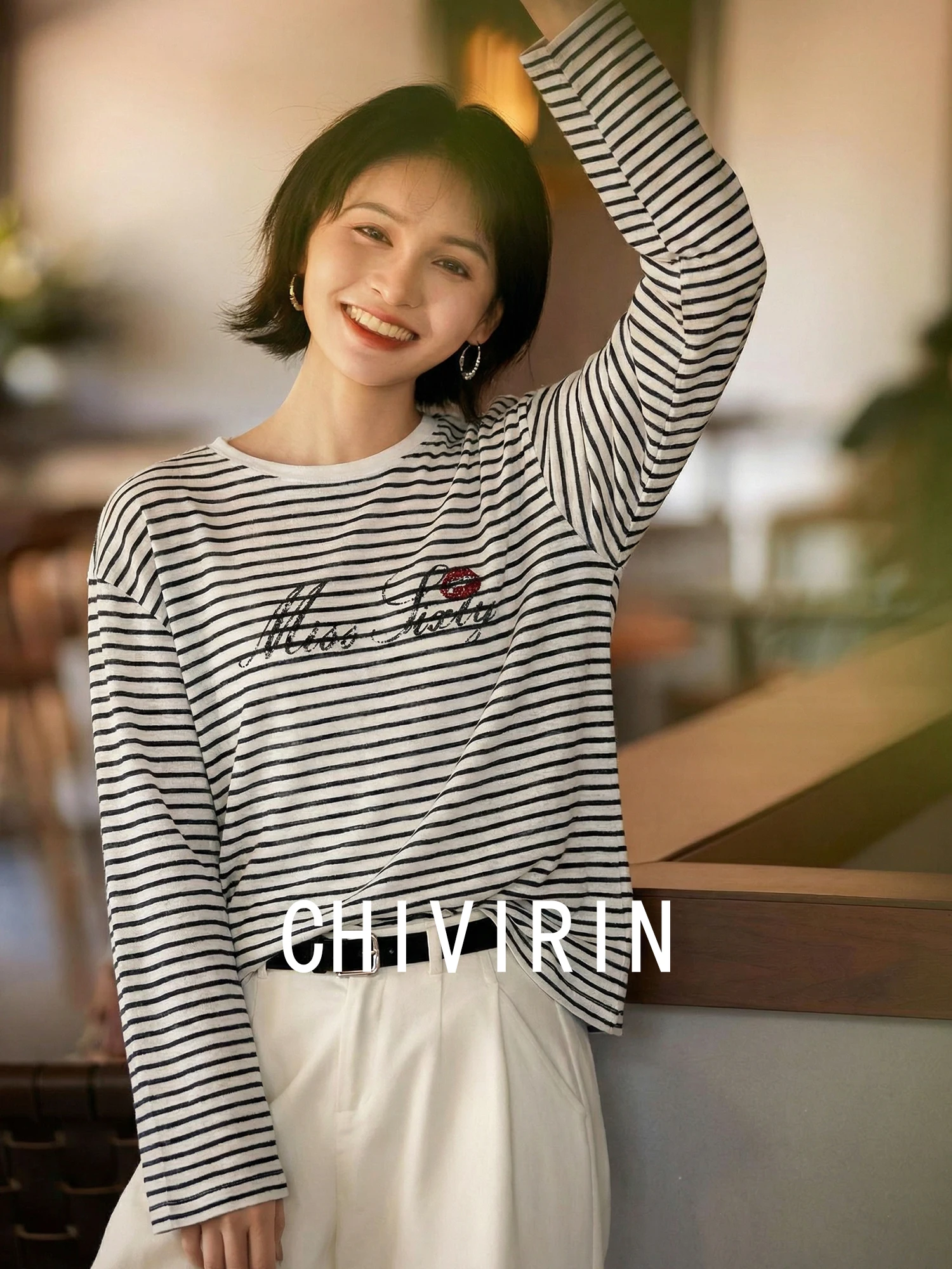 

Chivirin Silk Cotton Blend Knitted T-Shirt Women's round Neck Long Sleeve Printed Casual Loose Fit Spring Fashion 2026