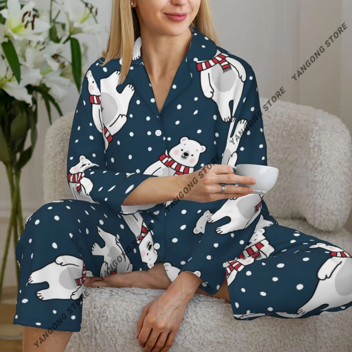 Women's Pajamas Long-sleeved Girl Loungewear Two-piece Set Cute Polar Bear Pajamas for Autumn Spring