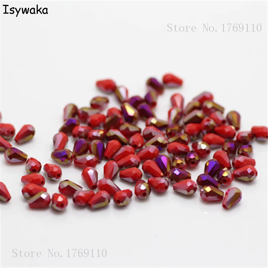 Isywaka 100pcs Solid Red Purple Color Faceted Teardrop Beads Austria Crystal Beads Glass Beads Loose Spacer Bead for DIY  3x5mm