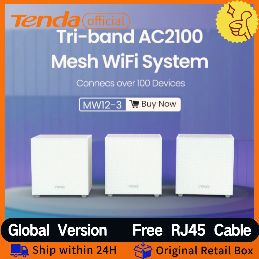 Tenda-enrutador de malla WIFI AC2100, repetidor inalámbrico de tres bandas de 2,4 Ghz y 5GHz, extensor de largo alcance de red MW12 de 2100mbps