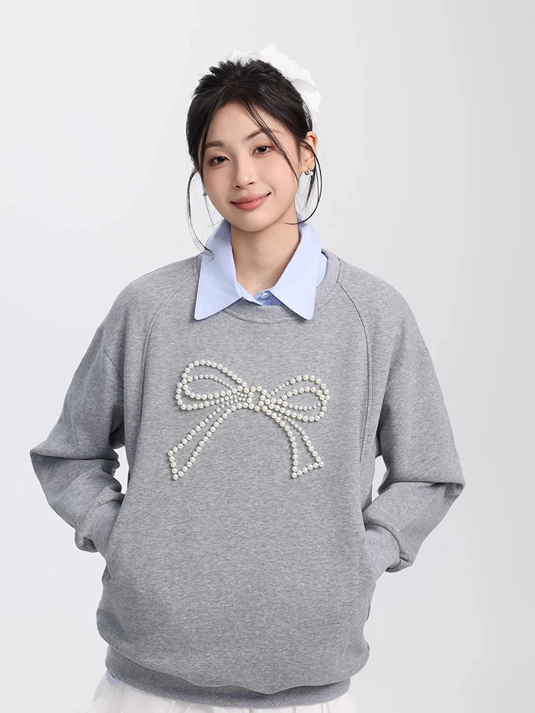 

Women Hoodies Autumn New Casual Versatile Round Neck Pullover Sweatshirt Fashion Bow Long Sleeve Tops