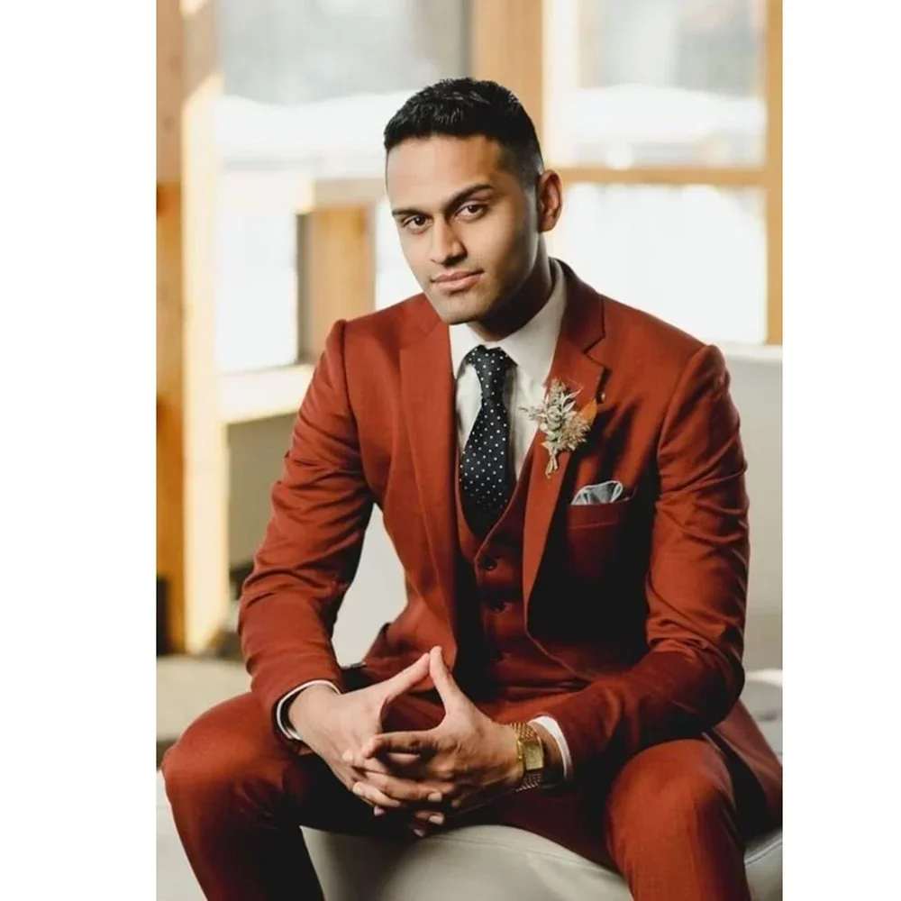 

Мужские костюмы Burnt Orange, комплект из трех предметов, однобортный, с лацканами, формальный свадебный полный комплект, куртка, брюки, жилет, тонкий блейзер Masculino