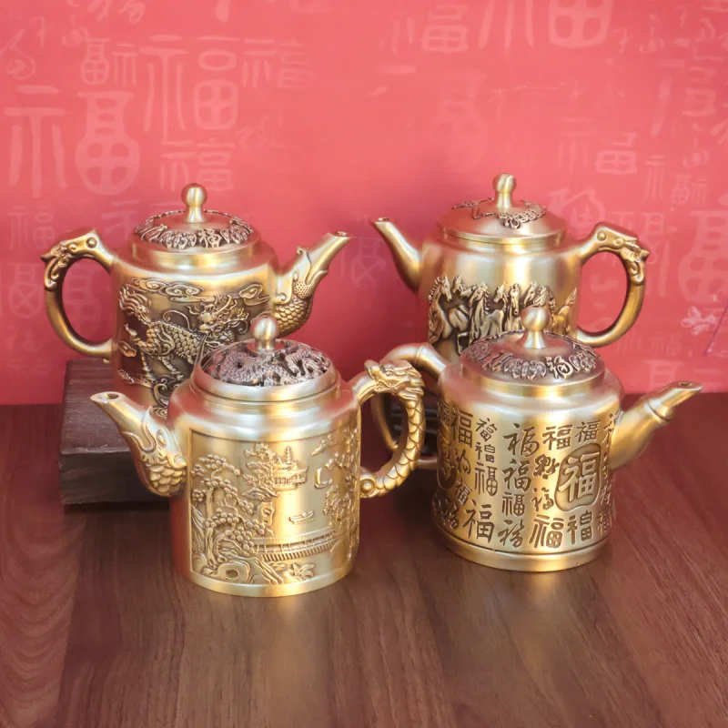 

Brass Dragon and Phoenix Landscape Teapot Home Tea Table Tea Set Copper Ornament Dragon and Phoenix Auspicious Small Teapot Prom