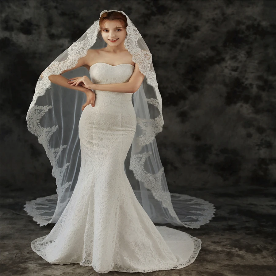 New Arrival One Layer Cathedral Wedding veils Lace Edge 3 Meter Long White Ivory Bridal veil Bodas velo de novias