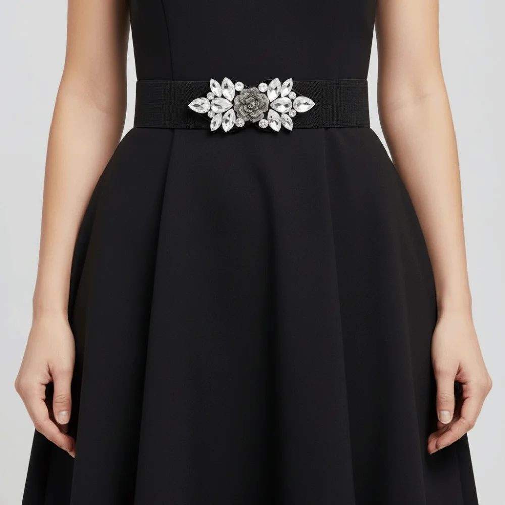 Fascia elastica con fiore rosa di personalità Cintura larga da donna in stile coreano Cintura con cinturino nero Giacca con cintura in vita con strass