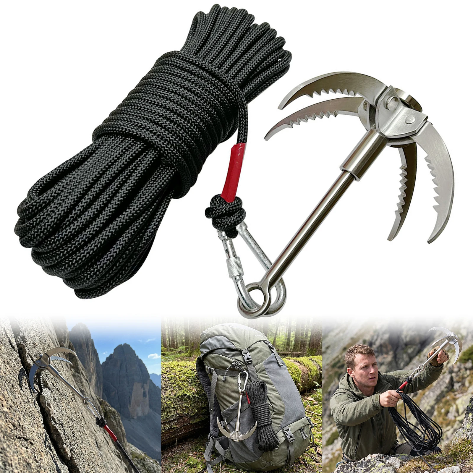 

Крюк для подвешивания на открытом воздухе с веревкой 20 м, крюки для скалолазания, Flying Tiger Claw (черный)