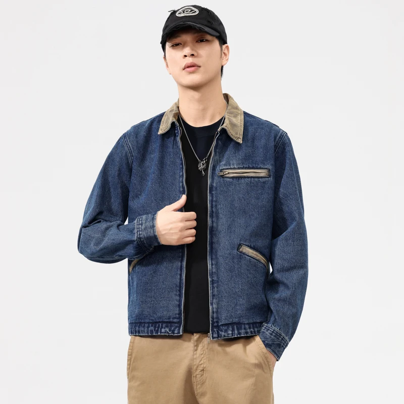 High-end autumn and winter denim jacket men's tide jacket personality color collision zipper generation leisure loose men's tops