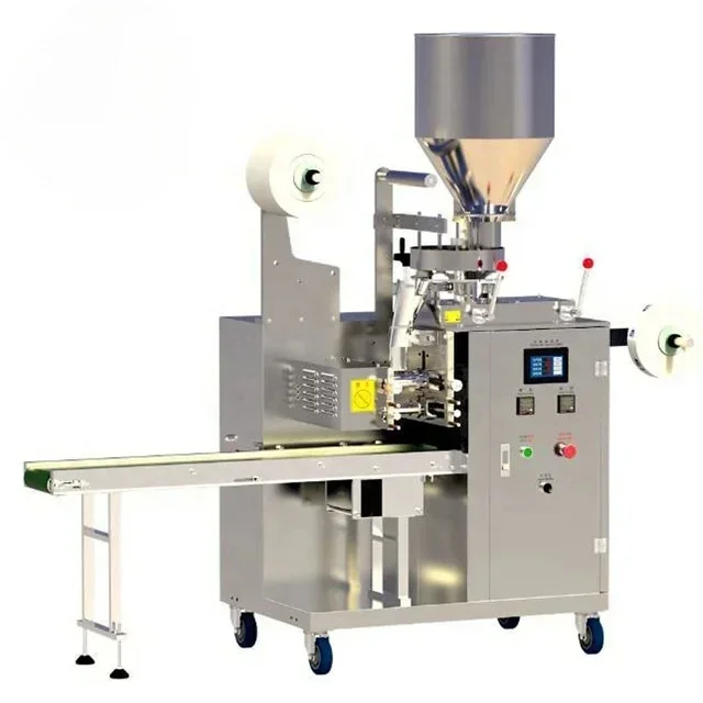 Automatic small tea bag filter paper tea powder sachet pouch horizontal pillow packaging machine with thread tagHOT SALES
