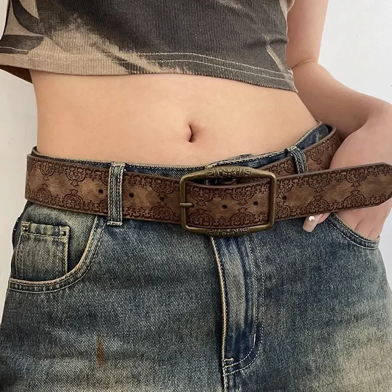 Vintage Embossed Belt Y2K Ethnic Style Belt Square Buckle Hardware Jeans Buckle Pin Waistband Woman Hip Hop Pu Leather Belts