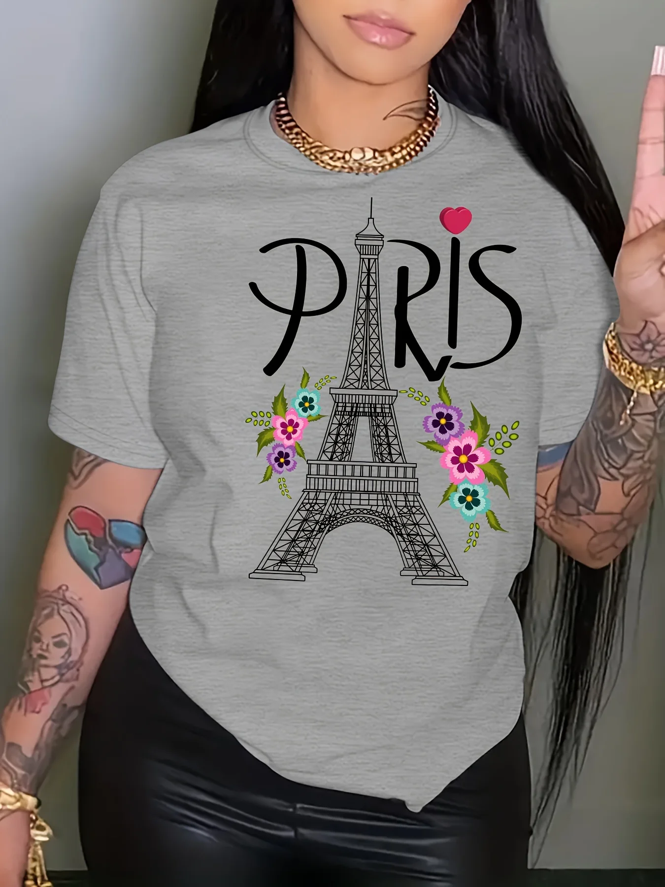 Paris Eiffel Tower Print T-shirt Short Sleeve Crew Neck Casual Top For Summer & Spring  Soft Tops Fashion Cool Tee Clothes