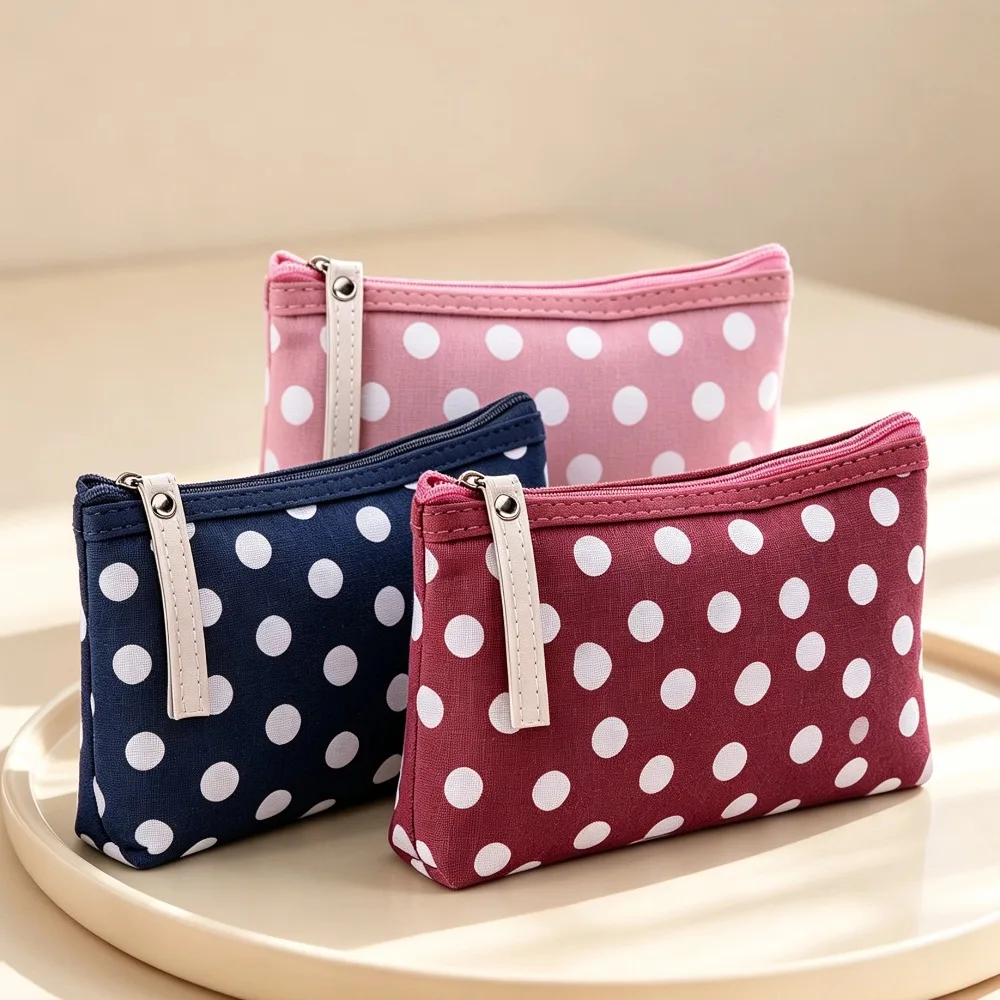 Polka‑Dot Canvas Makeup Bag Women Cosmetic Pouch Portable Small Storage Bag For Travel Toiletries Cosmetic Phone Key Bag