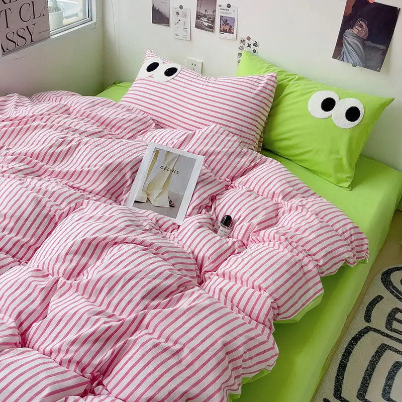 Korean Duvet Cover Set No Filler Pink Green Strips Cute Eyes Flat Sheet Pillowcase Single Double Size Boys Girls Bed Linen