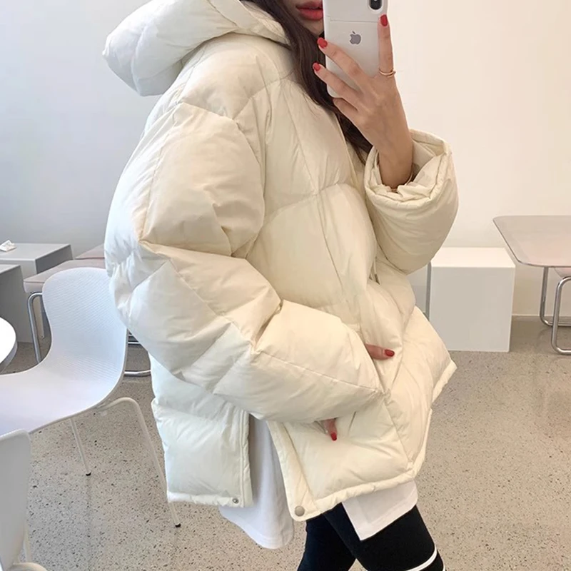 Jaqueta de Inverno Retro Chic para Mulheres, Casual, Solta, de Manga Longa, com Capuz, Zíper e Fenda Lateral, Versátil e Conf...