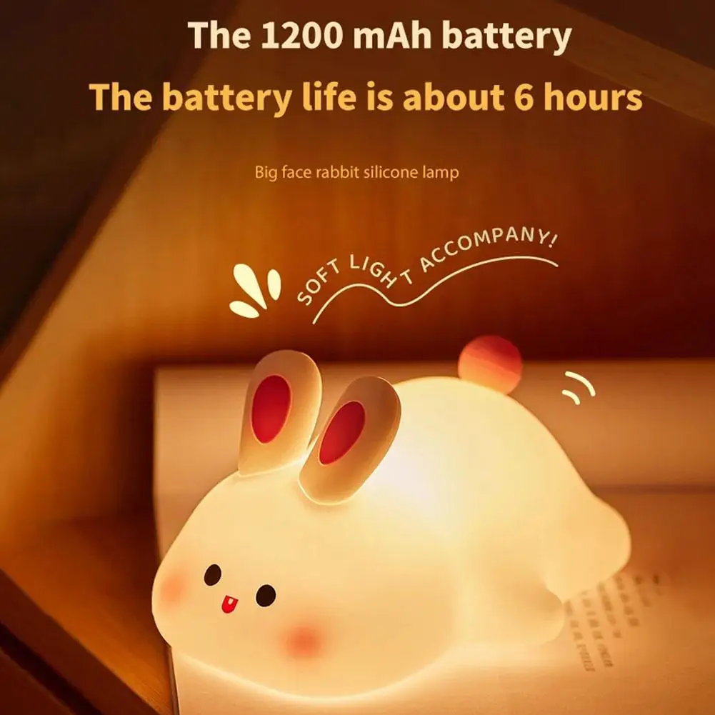 LED Cute Rabbit Night Light ABS Silicone USB Rechargeable Bedside Night Lamp Touch Sensor For Kid Girl's Bedroom Decorations