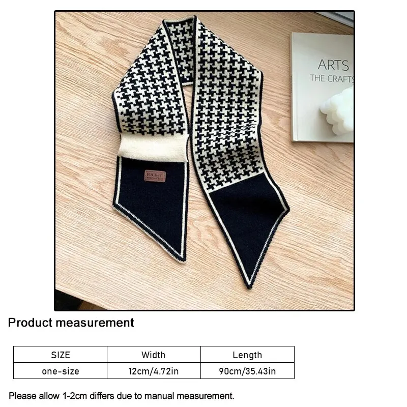 Warm Cashmere Neck Tie Scarf For Women Plaid Neckerchief Knitted Long Skinny Small Scarves Bandana Female