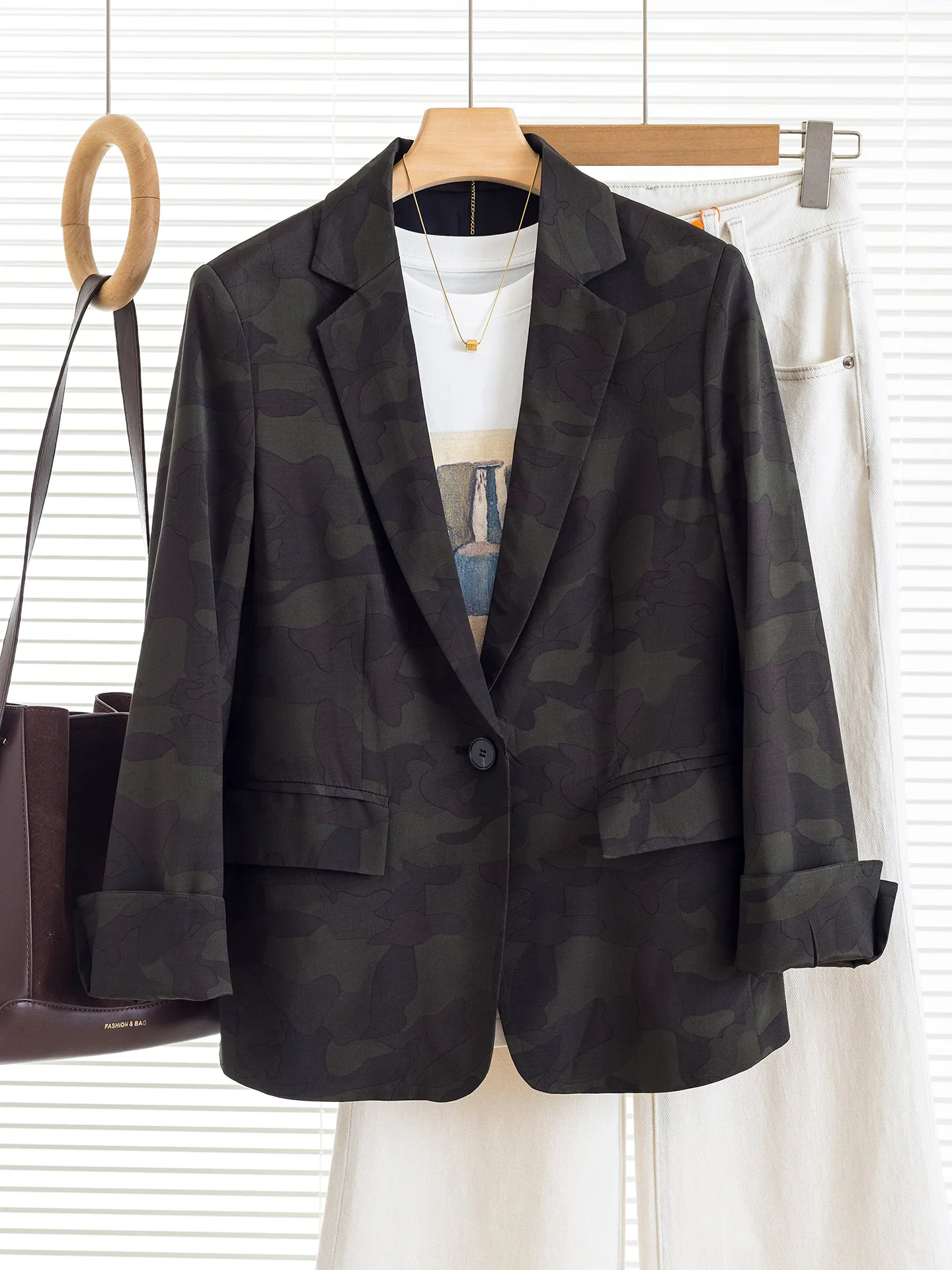 Slim Fit Silk Cotton One Button Small Suit Women's Summer Thin Cotton Blend Fabric Casual Commuter Style Green Camouflage