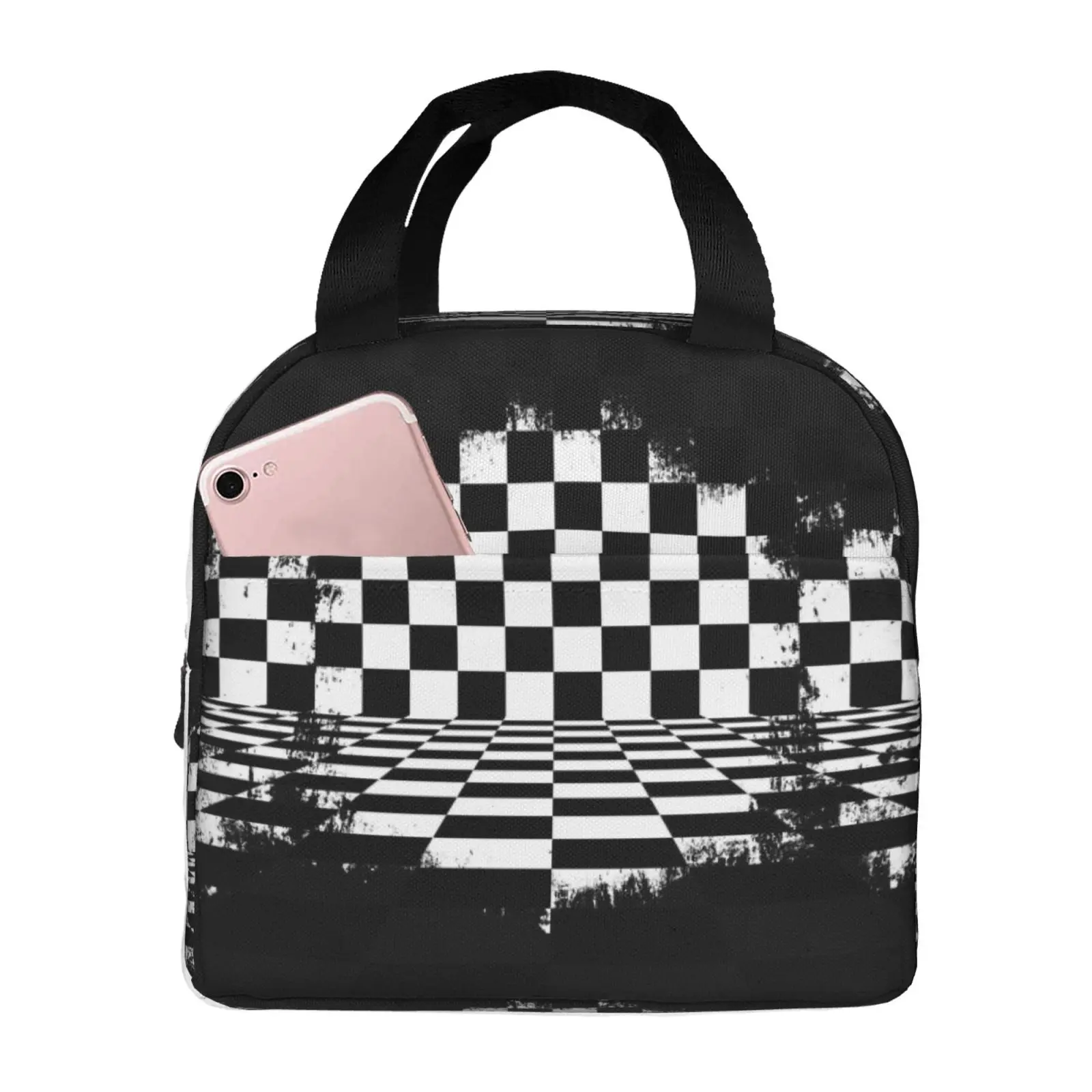 Black White Checkered Torn Checkerboard Race Lunch Bag Portable Thermal Cooler Insulated Bento Box for Kids Food Tote Bags