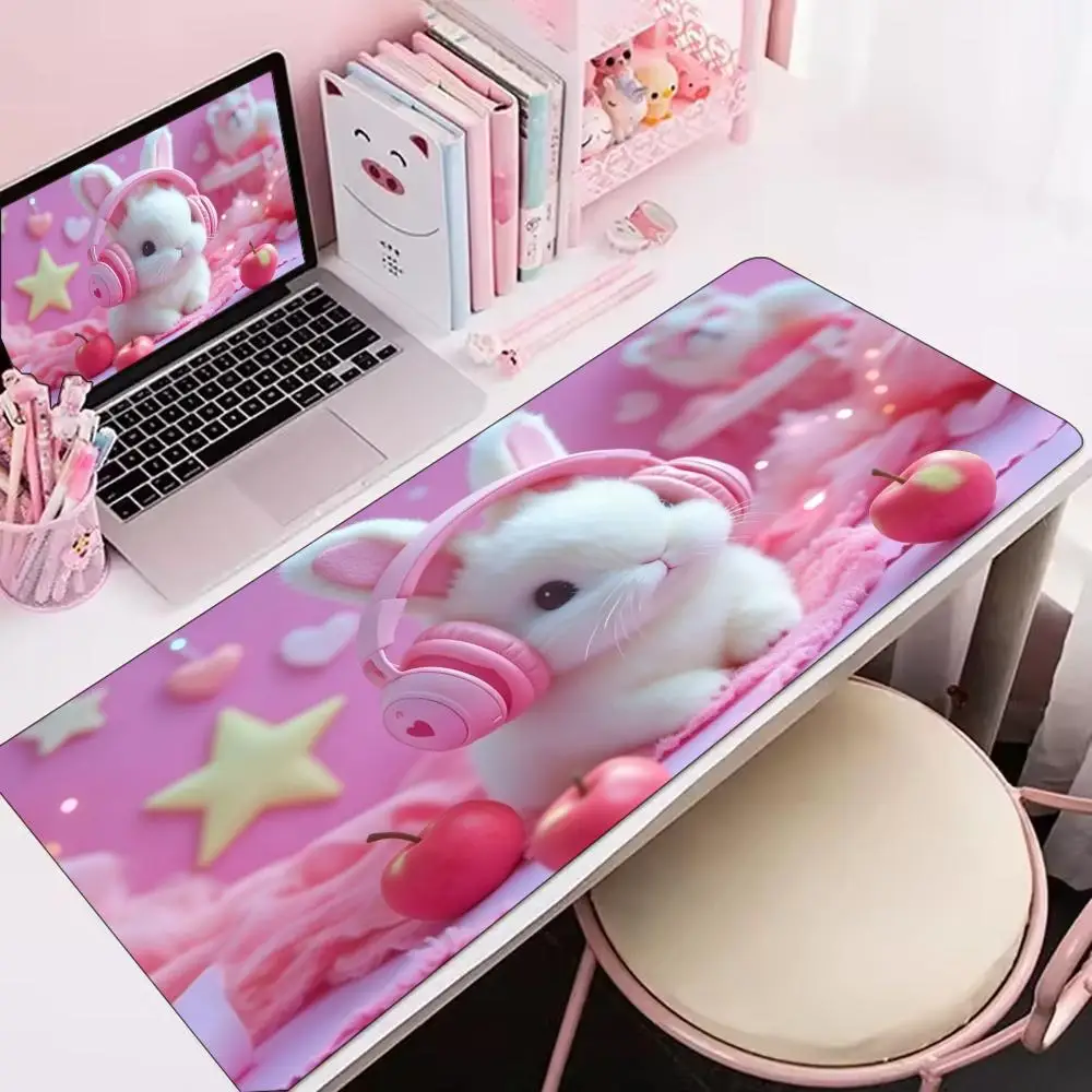 Pink Bunny With Headphones XXL Mouse Pad Gaming Large Desk Mat Anti-Slip Rubber Base HD Vivid Print Overlock For Esports Vibe