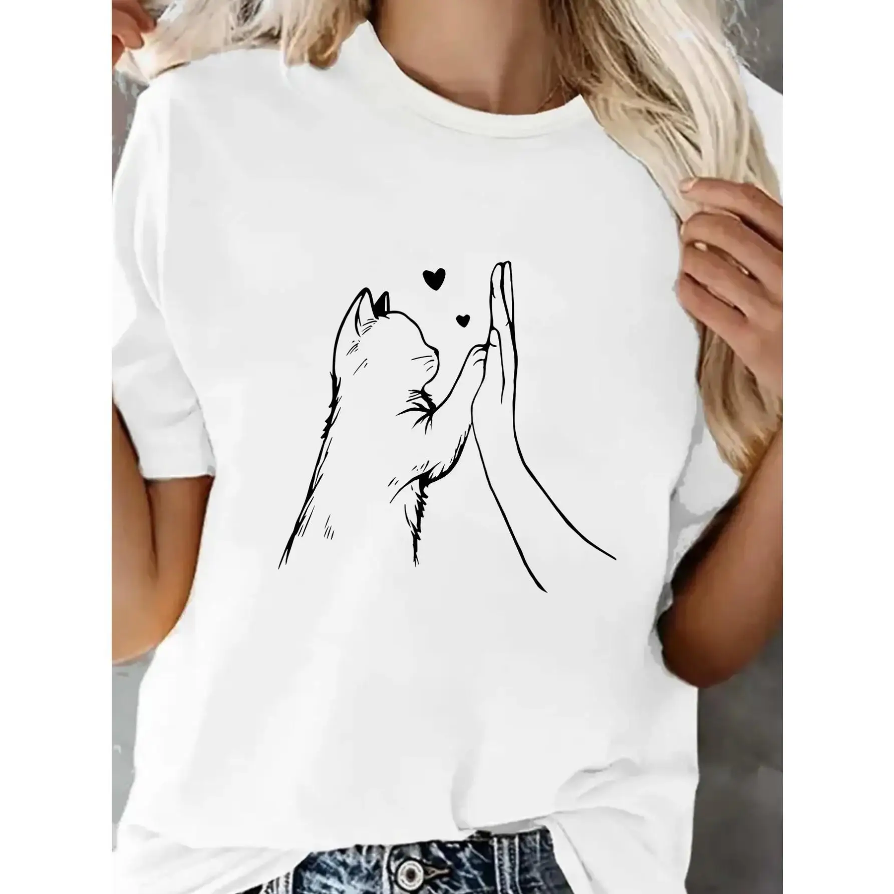 

Cute Cat High Five T-shirt Women's Funny Cat Lover Graphic Tee Animal Print Short Sleeve Summer Casual Tops