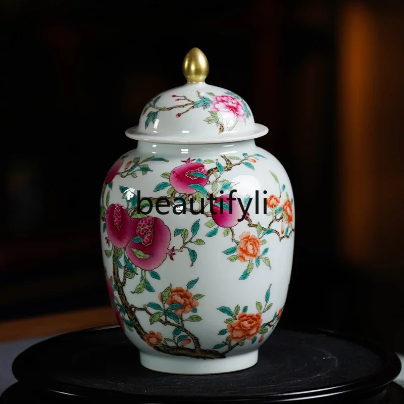 Selected pastel peach tea can, purely hand-painted Jingdezhen ceramic high-end tea set, wake up tea lid can