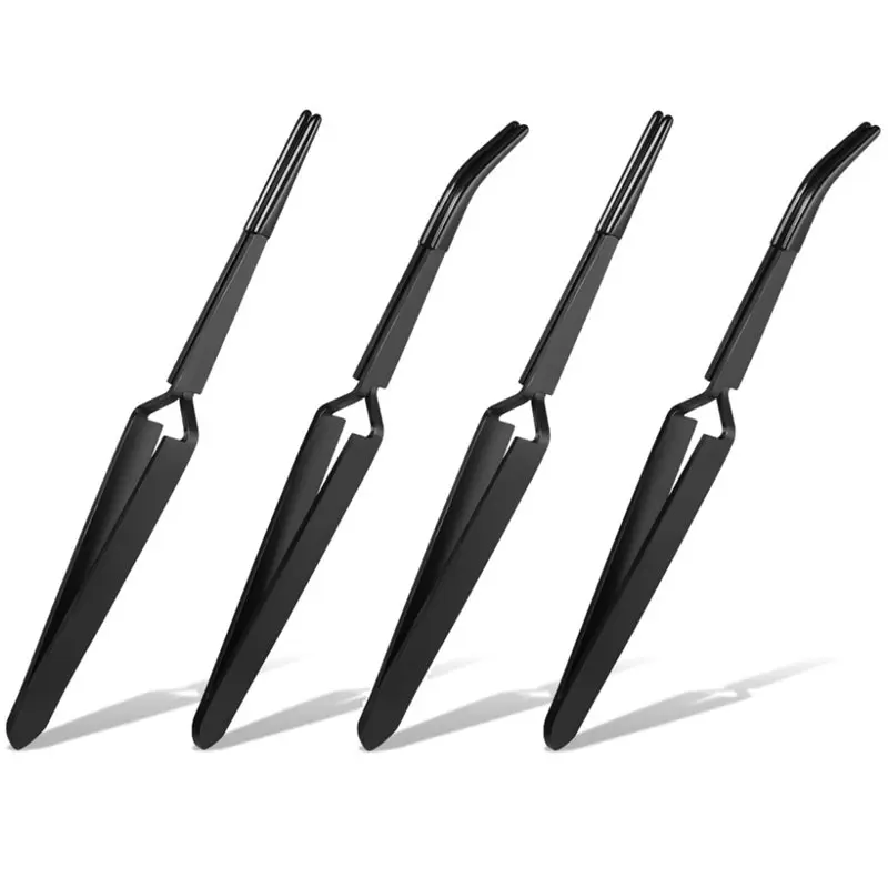 ABLK Stainless Steel PVC Coated Reverse Tweezers For Crafting, 4 Pcs Rubber Tipped Flat Tip Bent And Straight Tips