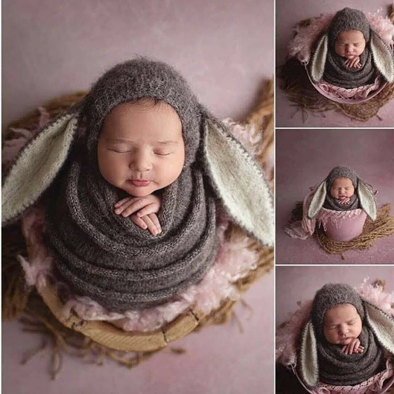 Rekwizyty fotograficzne dla noworodków, moherowa Angola, ręcznie robiona na drutach czapka z dużymi uszami króliczka na rekwizyty fotograficzne