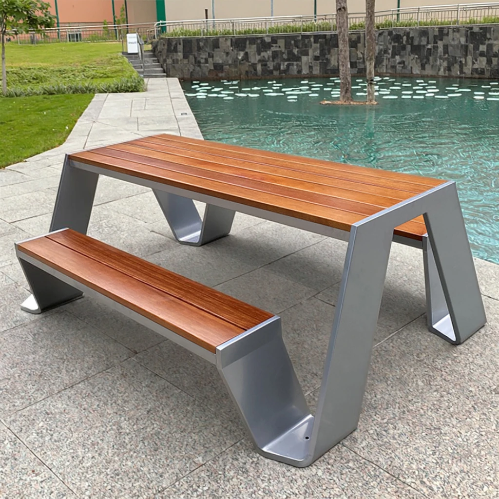 2026 Hot Selling Modern Durable Aluminum & Wood Outdoor Benches Table and Chairs Set for Villa & Hotel Use