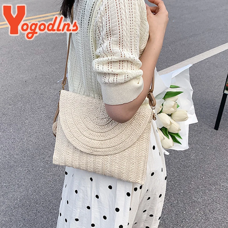 Yogodlns Summer Envelope Straw Bag For Women Fashion New Beach Bag Bohemian Style Shoulder Crossbody Bag Braided Handbag clutch