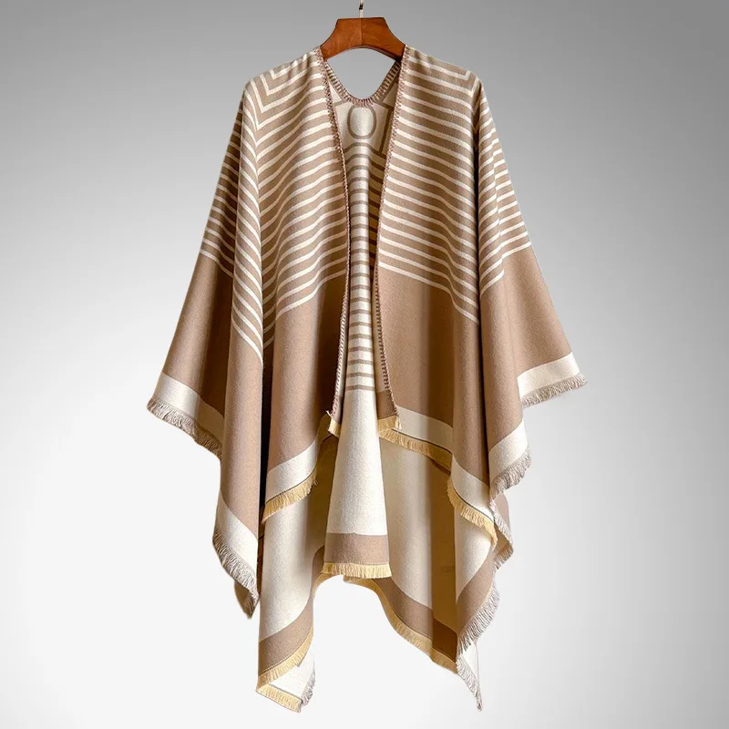 

Новинка 2025 года, плащ в полоску, верхняя одежда с разрезом, женская накидка, теплый шарф из искусственного кашемира, осень/зима, короткая шаль с бахромой, пончо P2