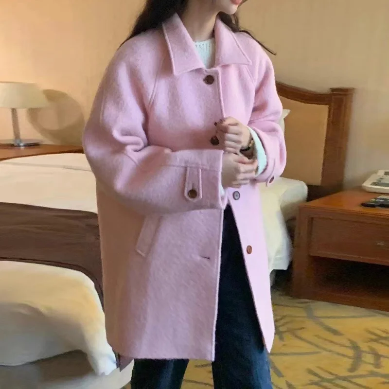 

2025 NEW New Women Double-sided Cashmere Coat Female Long Turn-down Collar Single Breasted Warm Woolen Coats Loose Tide Autumn W