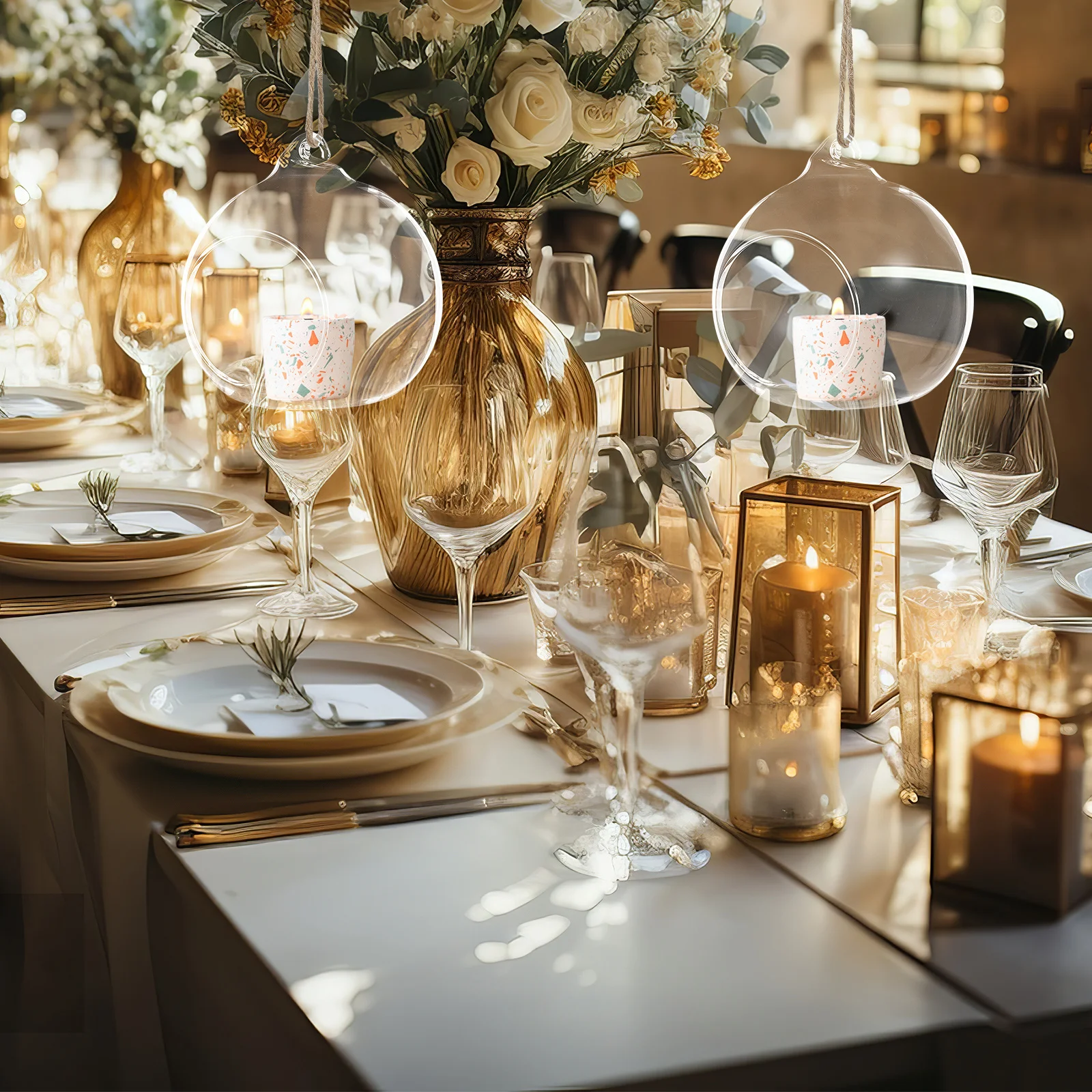 

5Pcs Hanging Glass Globe Tealight Holder Flat Bottom Holder Sphere Ball Terrarium Christmas Wedding Decoration