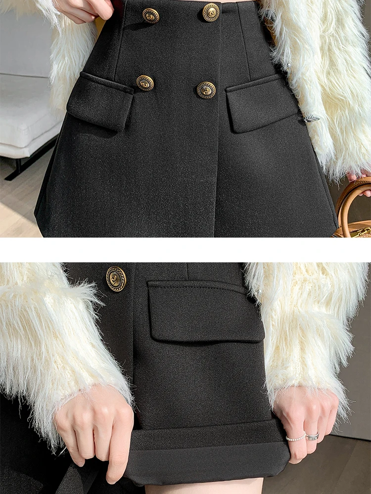 Корейский стиль, зимние утепленные шерстяные юбки на пуговицах, шорты для женщин, повседневная верхняя одежда с высокой талией, широкие короткие ботинки, женские брюки
