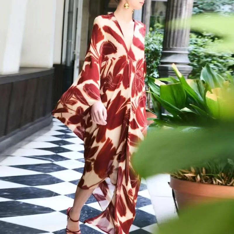 女性用ボヘミアンフローラルプリントスプリットイレギュラーワンピース 春 Vネック ルーズロングプルオーバーワンピース 新作 秋 フレアロングスリーブイブニングドレス