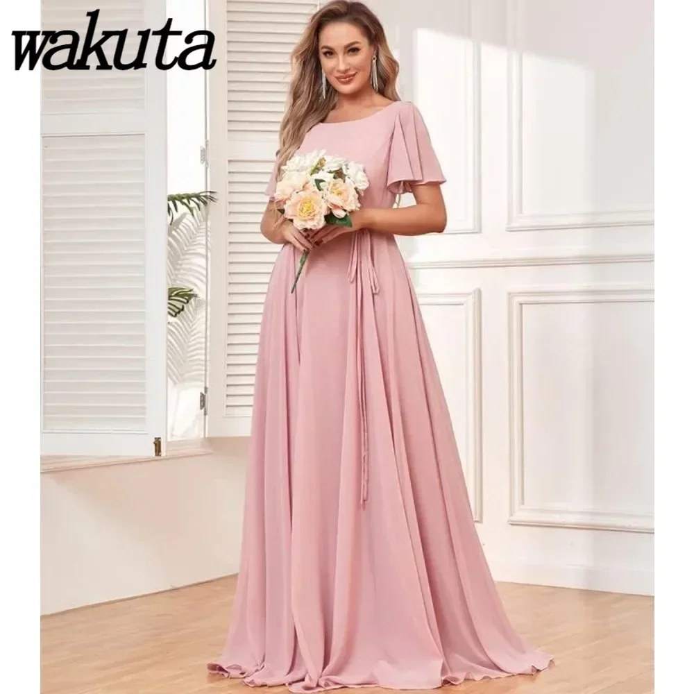 Wakuita Women's Short Sleeve Bridesmaid Dress Chiffon Formal Evening Party Gown Maid of Honor Dresses for Weddings with Pockets